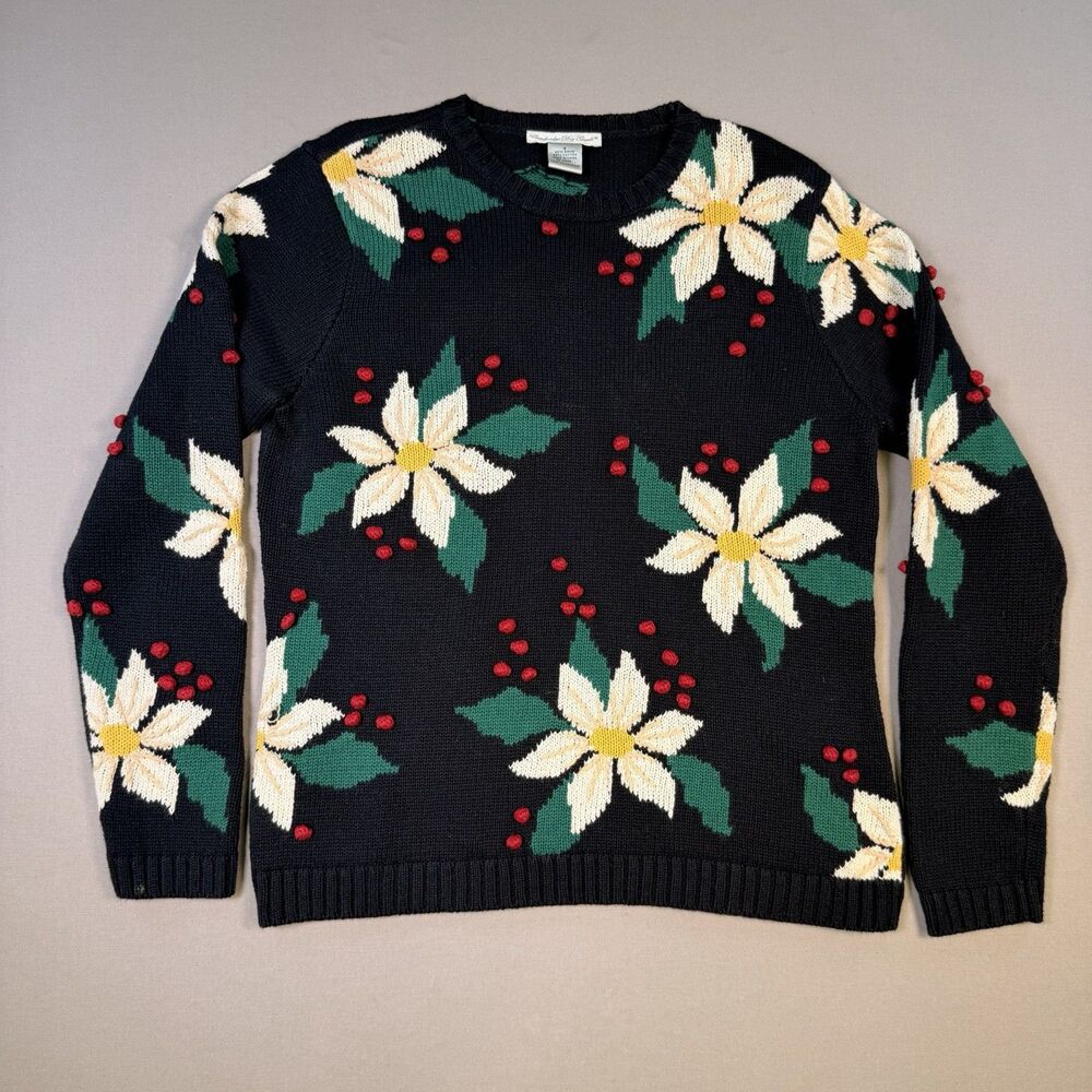 Cambridge Dry Goods Cotton Blend Sweater Embroidered Poinsettias Small